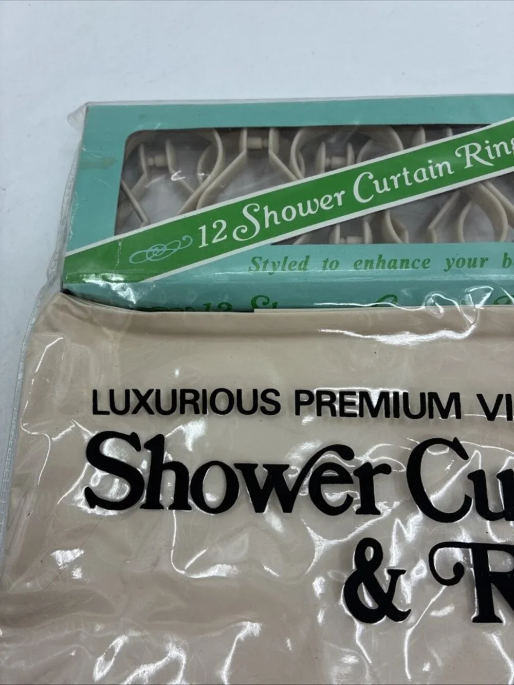 Vintage Shower Curtain Rings Set 72x72 Vinyl Beige Retro New 1970s 1980s Prop
